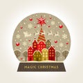 Christmas vector illustration. Decorative snow globe with small town. Royalty Free Stock Photo