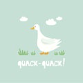 Decorative illustration with goose, grass, sky, english text. Quack - quack! Colorful cute background, funny bird