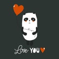 Decorative illustration, happy panda, heart, english text. Colorful background, funny animal. Love you