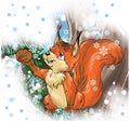 Cute cartoon red squirrel holding a nut in awinter forest Royalty Free Stock Photo