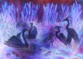 Decorative illustration in violet and lila tones of birds swimming on pond with reeds