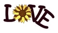 Decorative illustration with the word Love and with a flower of a sunflower decorated with a leopard pattern