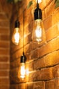 Decorative incandescent bulbs in Edison style on a brick wall background Royalty Free Stock Photo