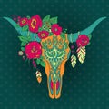 Decorative Indian bull skull with ethnic ornament, flowers and l