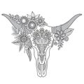 Decorative Indian bull skull with ethnic ornament, flowers and l