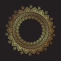 Decorative Indian round lace ornate gold mandala isolated over black background art frame design vector illustration.