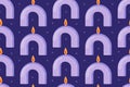 Decorative interior purple flat candle in the shape of an arch with a flame. Vector seamless cartoon pattern.