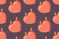 Decorative interior flat candle in the shape of a heart with a flame. Vector seamless cartoon pattern