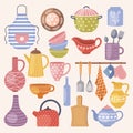 Decorative kitchen cookware. Dishes jug cups spoons plates forks vase mugs recent vector colored kitchen tools