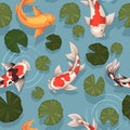 Decorative koi fish seamless pattern. Japanese spotted carps, repeated pond elements, top view water lily leaves. Decor Royalty Free Stock Photo
