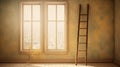 Decorative Ladder On Cream Wall With Old Cupboard And Big Window