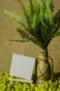 Decorative lamp with ferns and paper labels with easel. Royalty Free Stock Photo