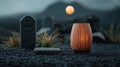 Decorative lamp glowing in an outdoor setting with gravestones and sunset backdrop Royalty Free Stock Photo