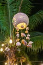 A decorative lamp and shade with snail shells dangling below lights up the night in front of a palm tree