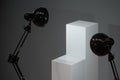 Decorative lamps with empty cube podium, 3d rendering