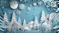 merry paper background winter art snowflakes decoration blue christmas origami tree. Generative AI.