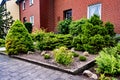 Decorative landscape in the form of green bushes and stones in front of a brick house in Germany