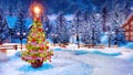 Christmas tree at snowy winter night in watercolor Royalty Free Stock Photo