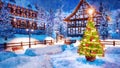 Outdoor Christmas tree at winter night watercolor