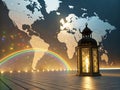 Global Ramadan celebration with lantern and rainbow over a world map Royalty Free Stock Photo