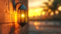 Decorative Lantern Hanging On Wall At Sunset With Soft Bokeh Royalty Free Stock Photo