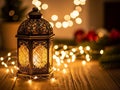 Decorative lantern illuminated by string lights Royalty Free Stock Photo