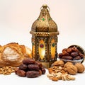 Decorative lantern surrounded by dates, nuts, and bread Royalty Free Stock Photo