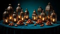Decorative Lanterns and Dates on Blue Tablecloth Royalty Free Stock Photo