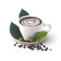 Decorative of Latte coffee cup on white background with roasted of coffee beans and green leaves. Abstract hot drink for hot Royalty Free Stock Photo