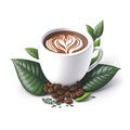 Decorative of Latte coffee cup on white background with roasted of coffee beans and green leaves. Abstract hot drink for hot Royalty Free Stock Photo