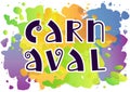 Decorative lettering of Carnaval with swirls in dark blue on colorful watercolor background