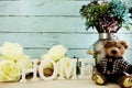 Decorative letters word home with peony flowers on wooden background Royalty Free Stock Photo