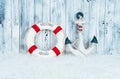 Decorative lifebuoy, anchor and starfish sea shells over wooden blue background Royalty Free Stock Photo