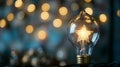 A decorative light bulb with a glowing star-shaped filament, set against a bokeh background of golden lights, creating a warm and Royalty Free Stock Photo