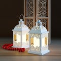 Decorative Lighted Lanterns With Intricate Designs On Wooden Surface Royalty Free Stock Photo