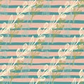 Decorative line art leaf seamless pattern on stripe background. Hand drawn floral botanical wallpaper Royalty Free Stock Photo