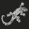 Decorative Lizard with abstract patterns, in black white gray color, isolated on black background.