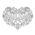 Decorative Love Heart with flowers . Valentines day card. Coloring book for adult and children. Coloring page. Outline drawing. Royalty Free Stock Photo