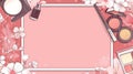 Pink Makeup Flat Lay with Flowers and Cosmetics Beauty Product Frame Royalty Free Stock Photo