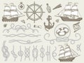 Decorative marine elements. Sea rope frames, sailing boat or nautic ship steering wheel and nautical ropes corners