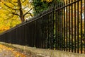 Decorative metal fence feature with color changing tree foliage in fall. Royalty Free Stock Photo