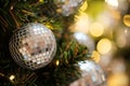 Decorative with mirror ball or Christmas ball for merry Christmas and happy new years festival with bokeh background. Royalty Free Stock Photo