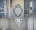 Decorative molding ornaments on the gray wall. Classic decor. Retro. Collage Royalty Free Stock Photo