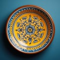 Decorative Moroccan ceramic hand painted plate, handmade, isolated, closeup top view.