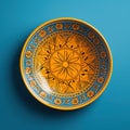 Decorative Moroccan ceramic hand painted plate, handmade, isolated, closeup top view.