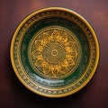 Decorative Moroccan ceramic hand painted plate, handmade, isolated, closeup top view.