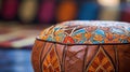 A decorative Moroccan ottoman with colorful designs on it, AI Royalty Free Stock Photo