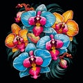 Tropical orchid flowers on dark background in vector pop art style