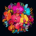 Tropical orchid flowers on dark background in vector pop art style