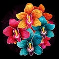 Tropical orchid flowers on dark background in vector pop art style